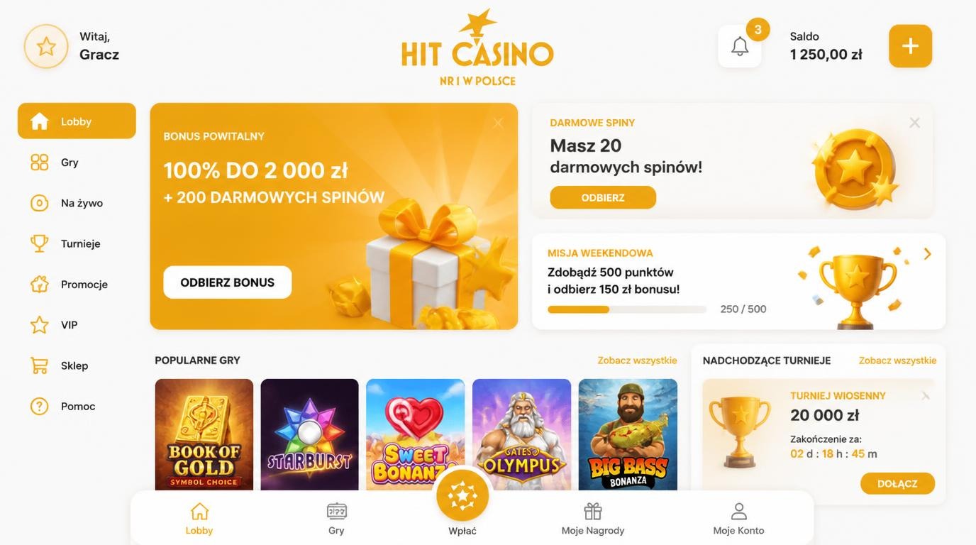 ekran aplikacji kasyna na telefonie z ofertami bonusów mobilnych i misjami weekendowymi