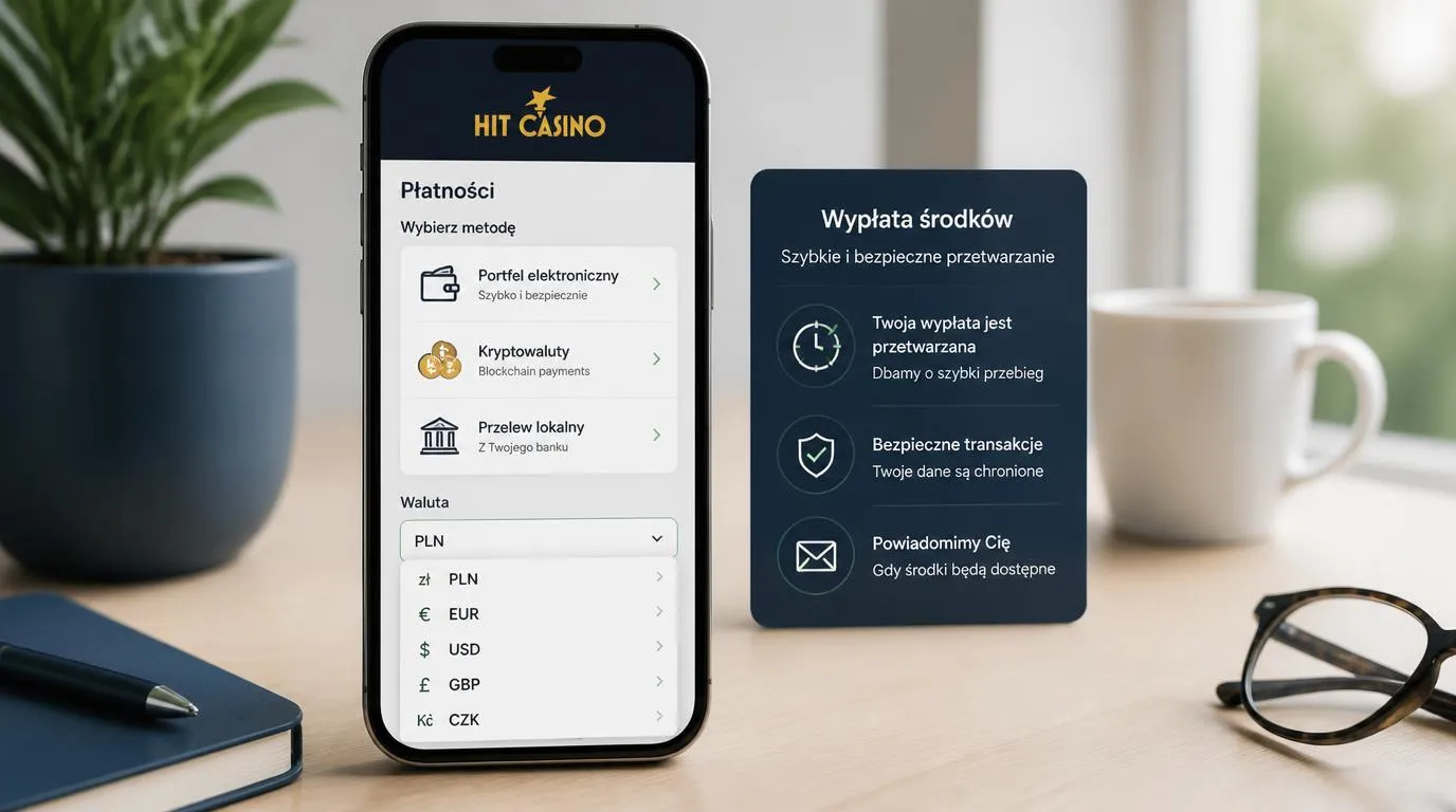 Mobilny interfejs kasyna z wyborem portfela elektronicznego, kryptowaluty, przelewu bankowego i waluty